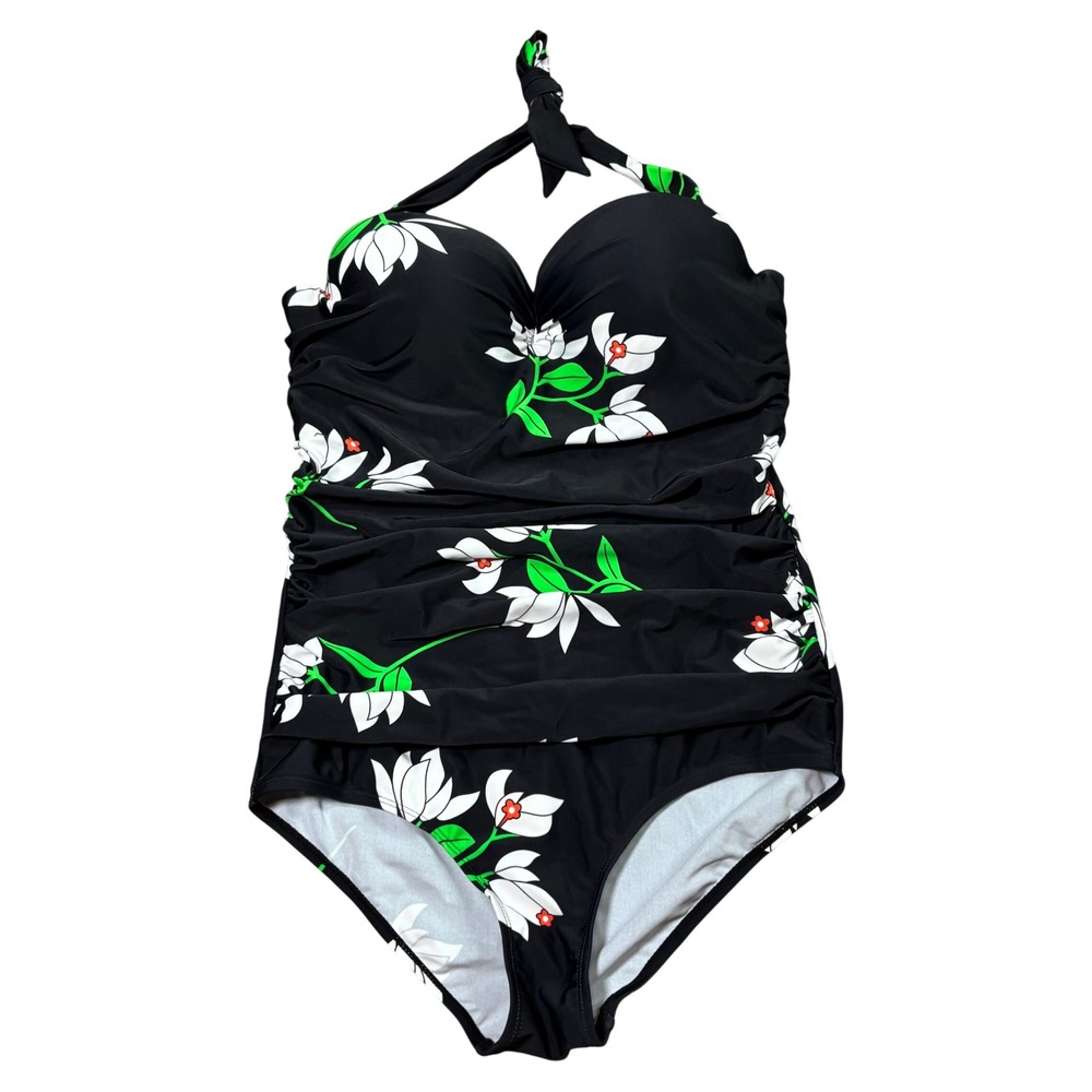 Floral Halter One Piece Swimsuit Black White Green Ruched Tummy Control Large